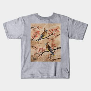 Cedar waxwing birds perched in a tree Kids T-Shirt